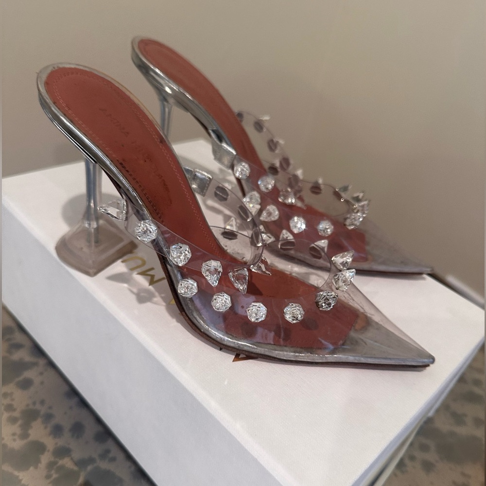Amina Muaddi Julia Glass Studded Silver Crystal Embellished Heels Size 37